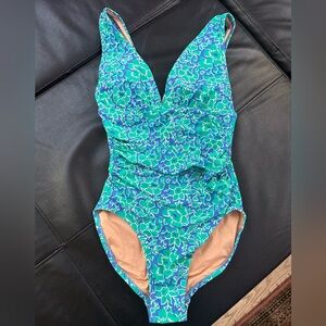 Women Floral One Piece Swimsuit - Blue and Green